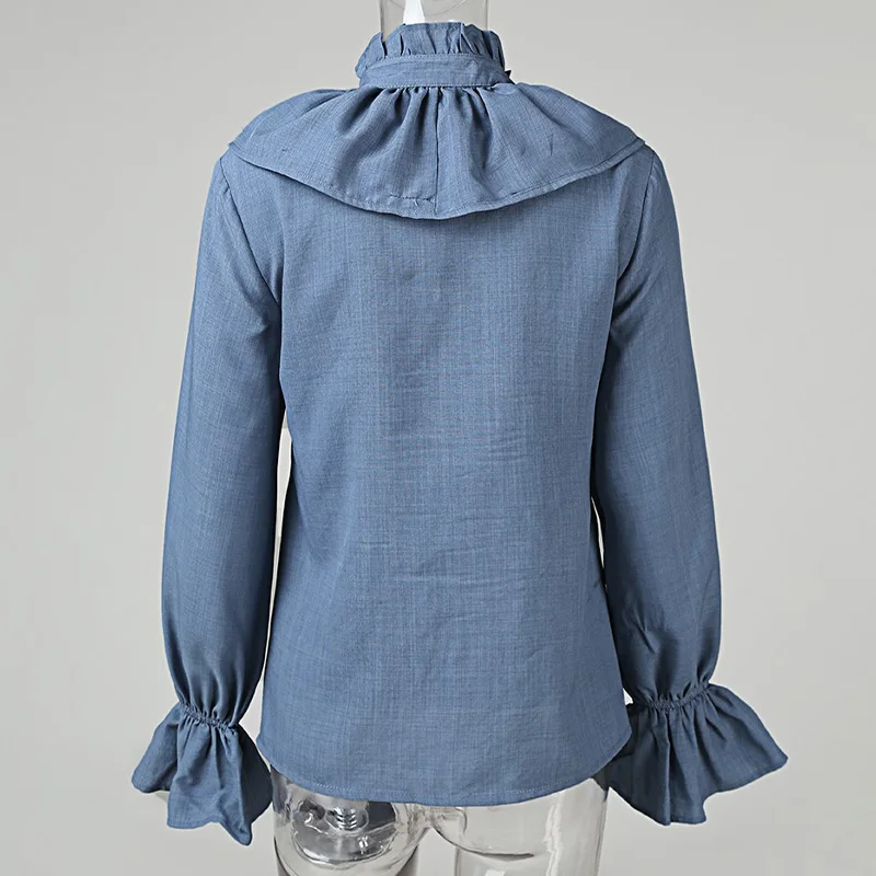 

Elegant Ruffle Women Shirt V Neck Parthwork Long Sleeves Solid Single Breasted Female Shirts 2021 Spring Ladies Slim Clothes