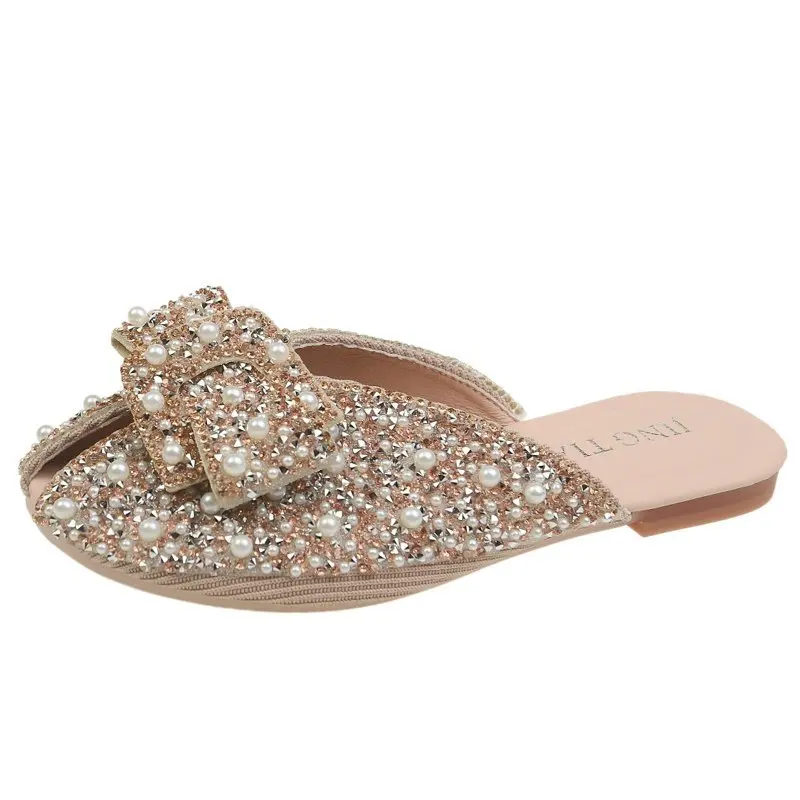 

Low Glitter Slides Slippers Women Summer Big Size Female Mule String Bead Shoes Without Heel Cover Toe Fashion
