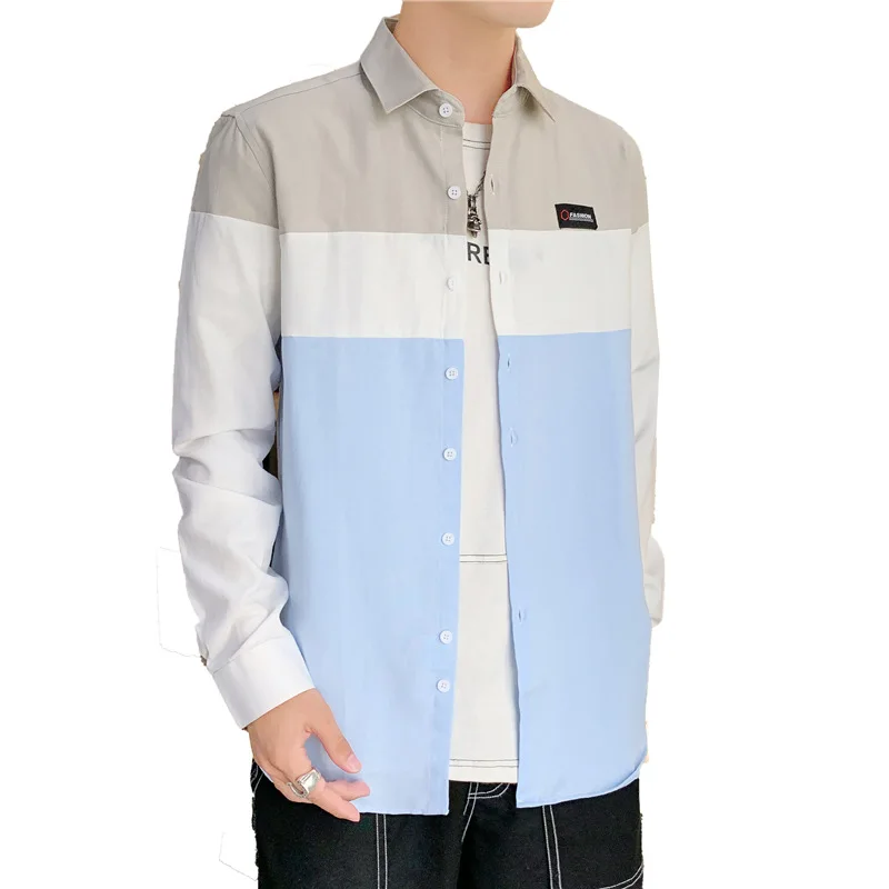 

Shirt men's Korean version of the trend of Hong Kong style Japanese color matching long-sleeved shirt handsome and versatile