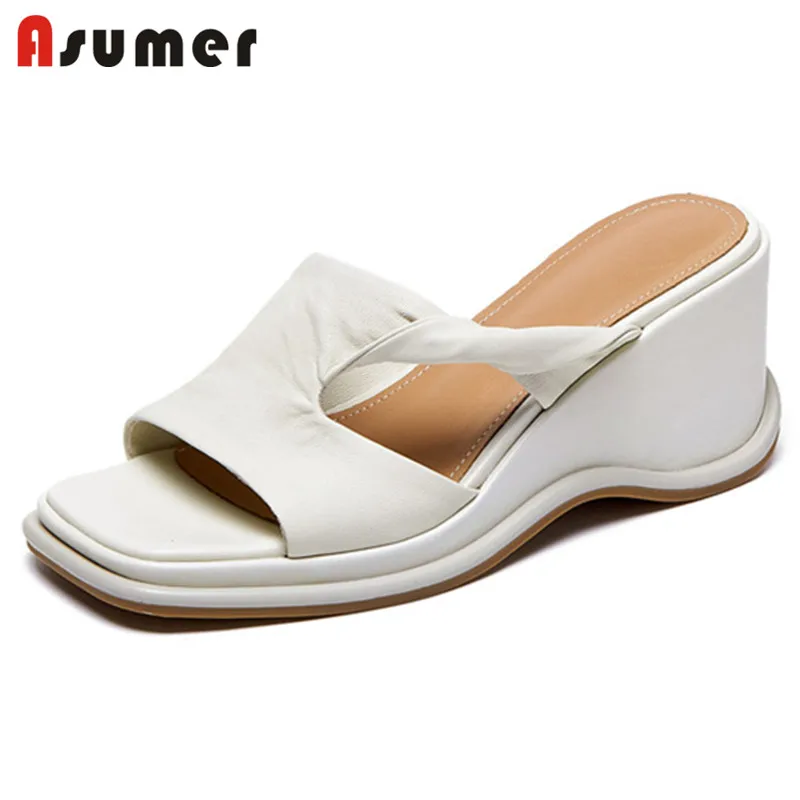 

Asumer 2021 New Arrive Wedges Sandals Ladies Shoes Genuine Leather Sandals Solid Colors Summer High Heels Women Casual Shoes