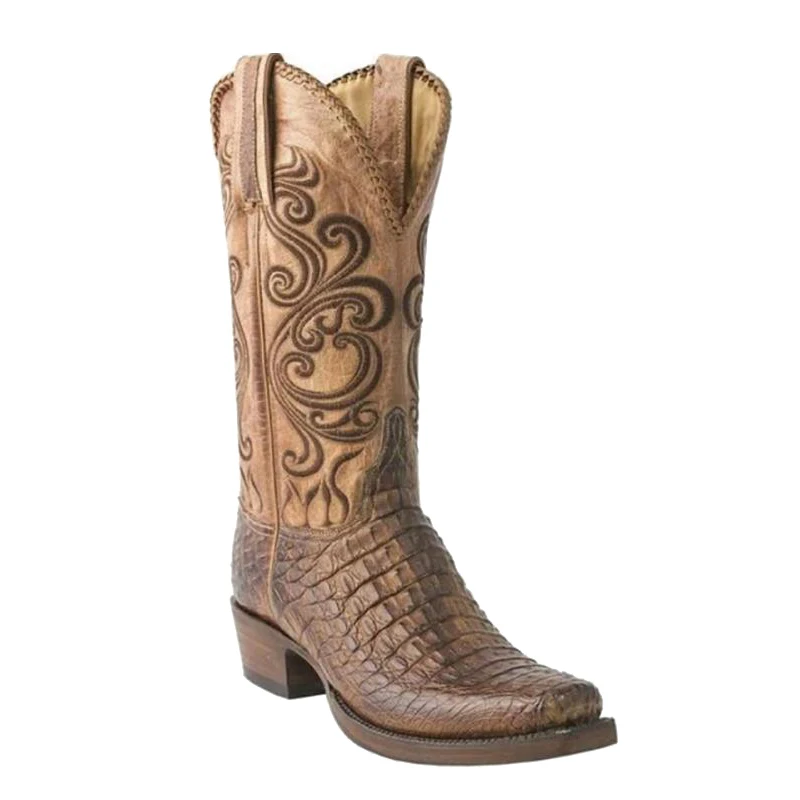 

Woman Safety Work Boots Men Mid-Calf Boots Vintage PU Leather Embroidery Western Cowboy big Size Square toe Slip On Casual Shoes