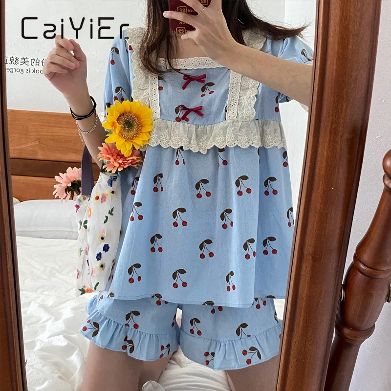 CAIYIER Sweet Lace Women Pajamas Set Summer Cute Pink Cherry Girl Nightwear Korean Short Sleeve Square Collar Princess Sleepwear