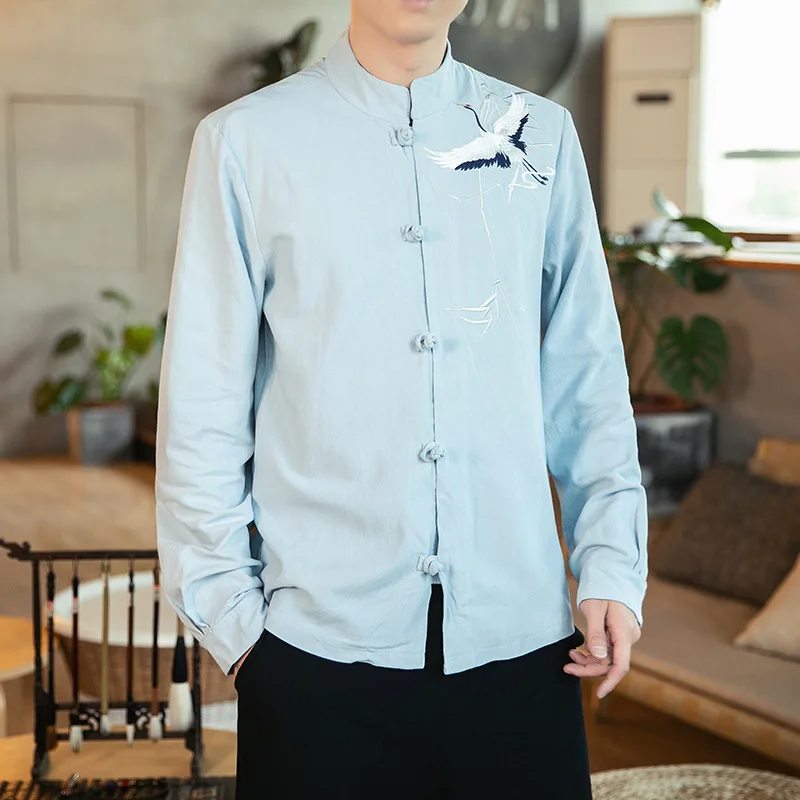 

2021 Autumn New Chinese Style Men Crane Embroidered Cotton Linen Shirt Men Long-Sleeved Chinese Vintage Hanfu Shirt