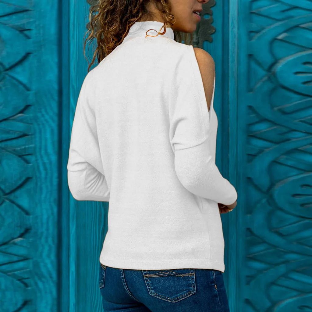 Женская футболка осенняя мода Однотонная стоячий вырез длинный рукав топ camisetas