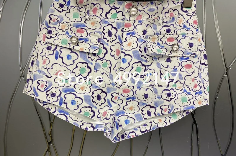 

2021 summer women printed pearl buttons shorts set holiday sexy spaghetti strap short top + straight shorts 2 pieces set y622