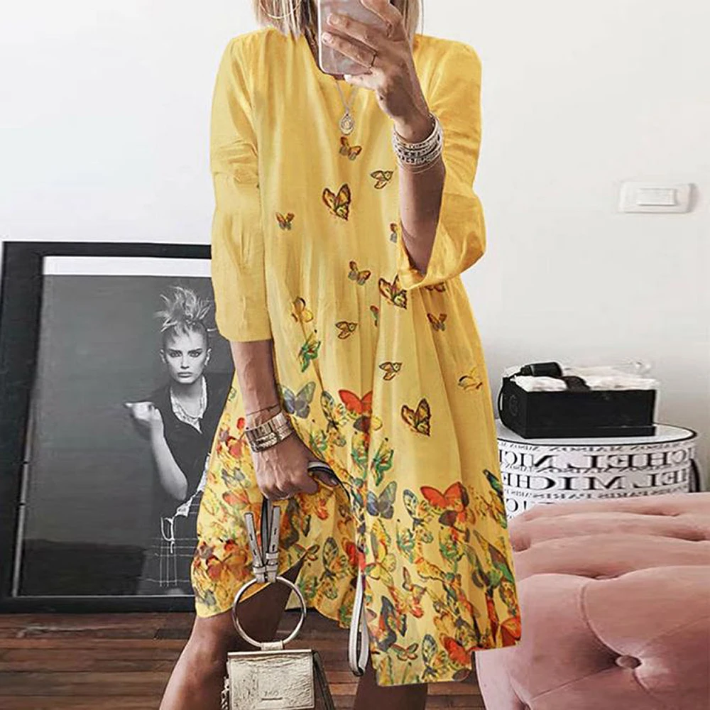 

2020 New Summer Large Size Dress for Women Casual Loose Printed Dresses Ladies Leisure Round Neck Boho Clothes Sundress