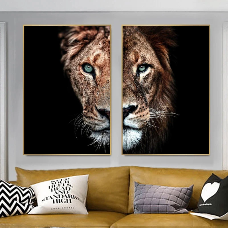 

African Lions Half Face Posters and Prints Wild Animal Wall Modern Nordic Picture on Canvas Art Painting for Living Room Decor