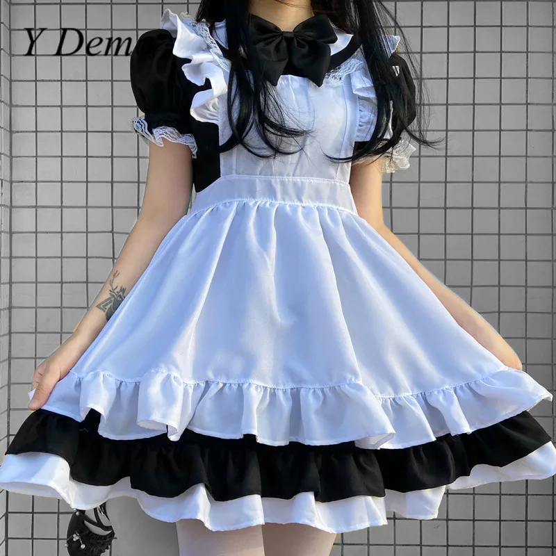 

Y Demo Lovely Lolita Maid Cospaly Dress Short Sleeve Ruffles Belt Lace Up Soft Girl Cute Dress For Women Summer
