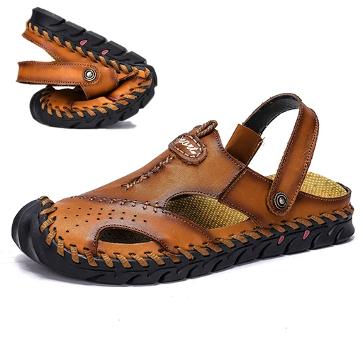 Мужские кожаные сандалии коричневые классические в римском стиле уличные