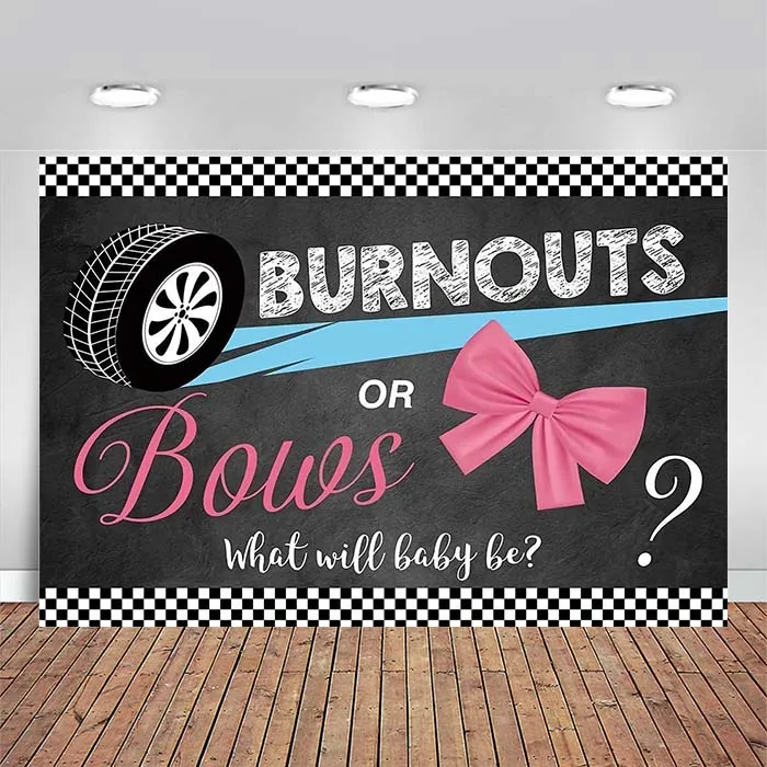 Burnouts or Bows Gender Reveal Photography Backdrop Pink or Blue He or She Baby Shower Party Banner Decoration Photo Background