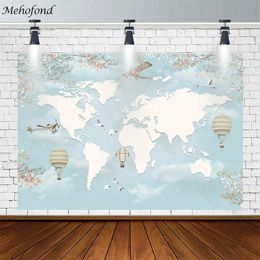 

Baby Shower Backdrops Globe Travel Map Airplane Adventure Hot Air Balloon Photography Backgrounds Studio Photophone Decor Props