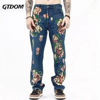 gtdom mens high street independent popular logo hand painted heavy industry fashion graffiti flower mustard jeans pants couple