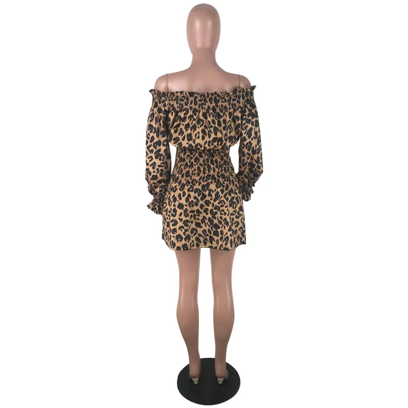 

Fashion Leopard Print Mini Dress for Women Lady Sexy Slash Neck Full Sleeve Tight Dresses Female Summer Party Clubwear Vestidos