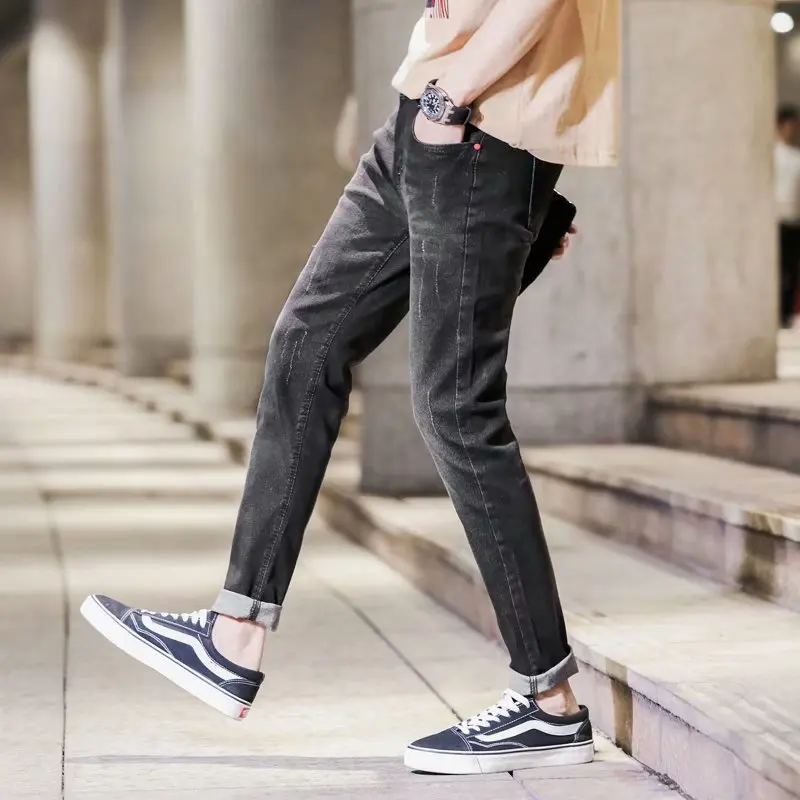 

2019 Men's Skinny Jeans New Fashion Men Streetwear Cuffs Loose Fit Pencil Pants Ankle Length Ripped Jeans Plus Size