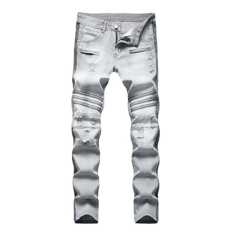

KIOVNO High Street Men Fashion Ripped Holes Jeans Pants Straight Distressed Casual Denim Trousers Grey Washed Streetwear