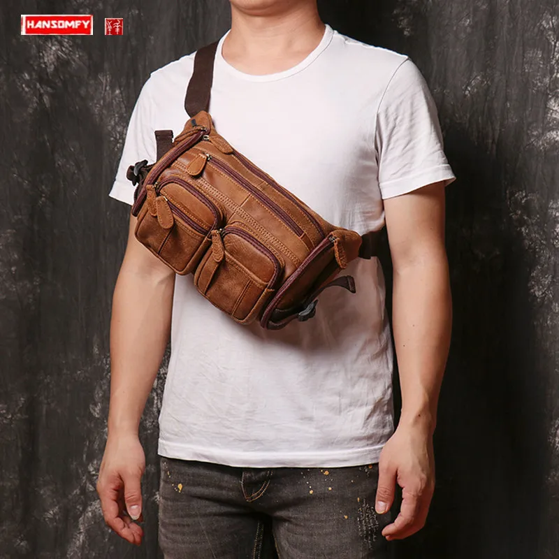 New genuine leather men's chest bag mobile phone bag large-capacity frosted leather waist bag sports shoulder messenger bags