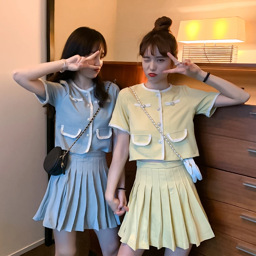 

COIGARSAM Short Sleeve Shirt Womens tops New High Waist Women shirts Blue Coat Yellow Pleated 113