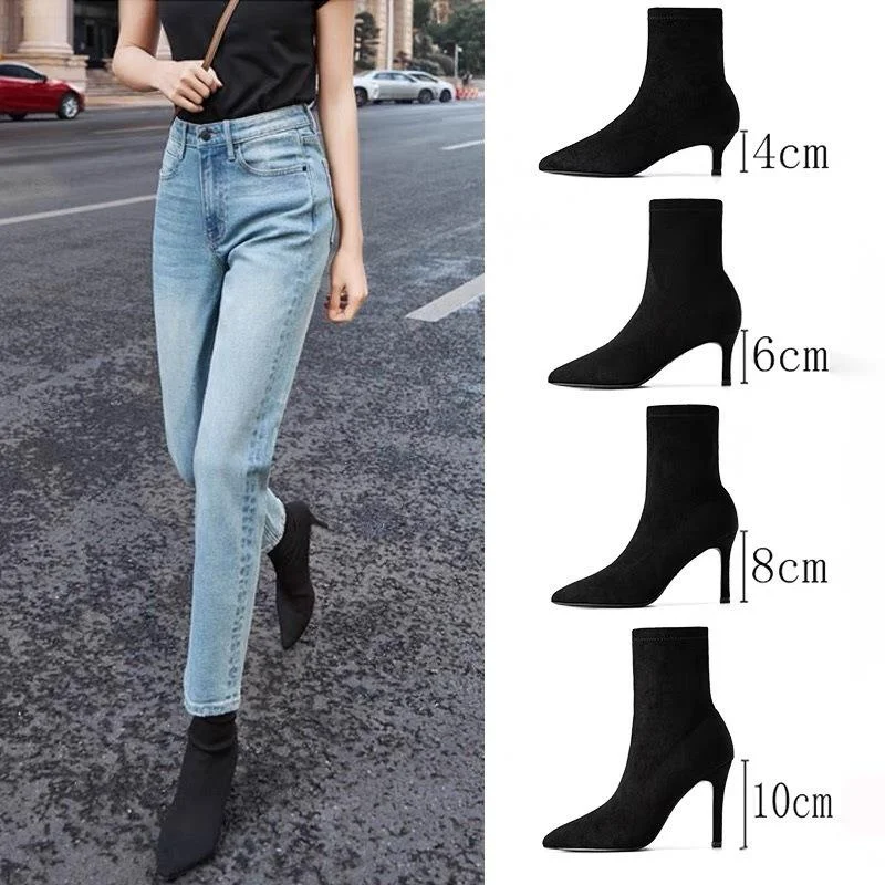 

Женские короткие сапоги, новые зимние замшевые сапоги в Корейском стиле на тонком каблуке, длинные сапоги с острым носком, эластичные модны...