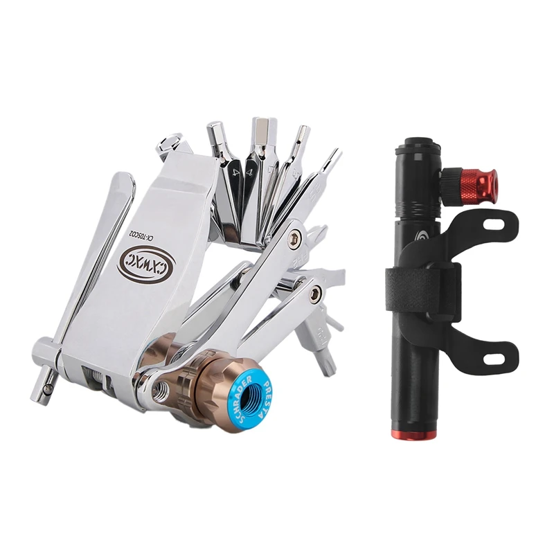 

Портативный велосипедный насос Cxwxc Mini, адаптер клапана, ручной насос для накачивания углекислого газа и CXWXC 16 в 1, набор инструментов для ремо...