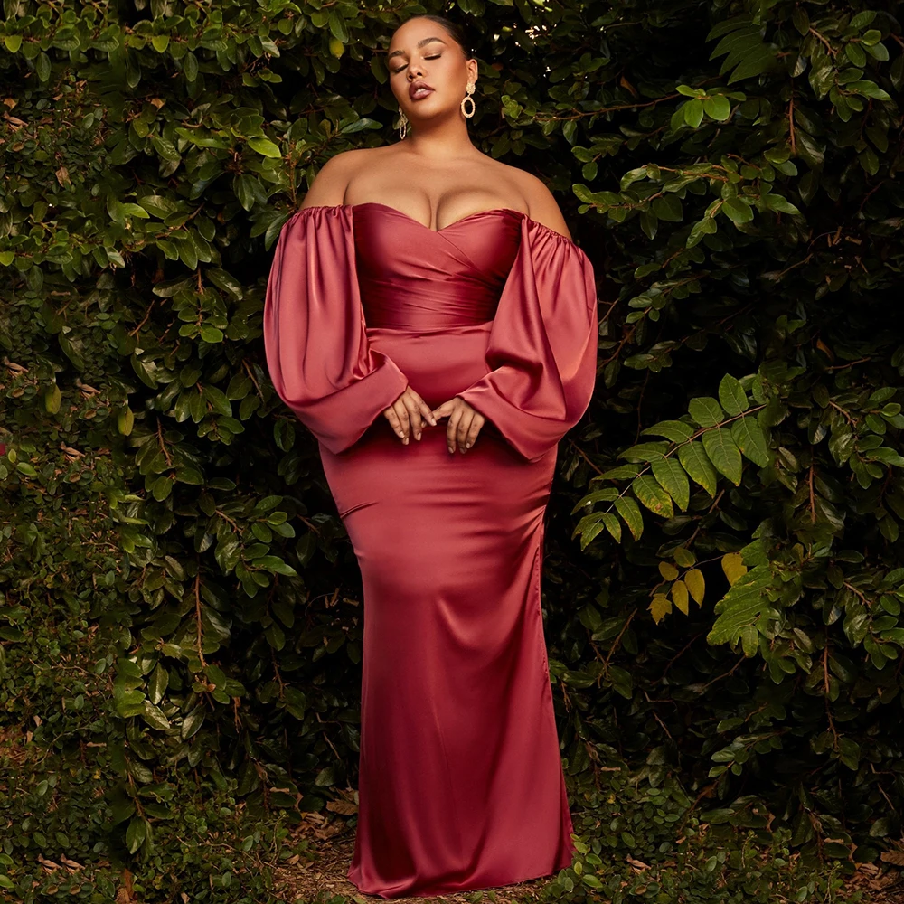 

Modern Off the Shoulder Mermaid Evening Gowns 2022 Floor Length Long Sleeves Side Slit Satin Prom Dresses with Sweetheart