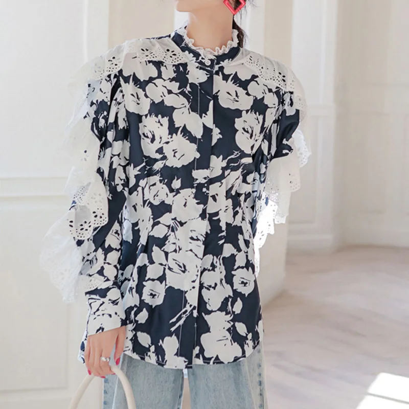 Модная ретро Лоскутная кружевная выдалбливающая Асимметричная женская рубашка