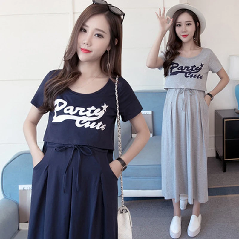 

Breastfeeding Skirt 2020 Korean Style Summer Fashion Lettered Printing Round Neck Short Sleeve Maternity Dress