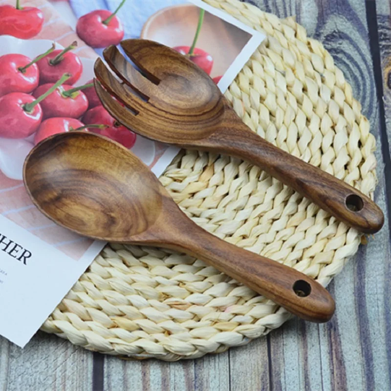 Скандинавская деревянная посуда для салата 5 комплектов (5 вилок + ложек)