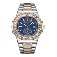 classic men fashion watch blue dial stainless steel baguette diamond iced out quartz movement wristwatches all dial work montre