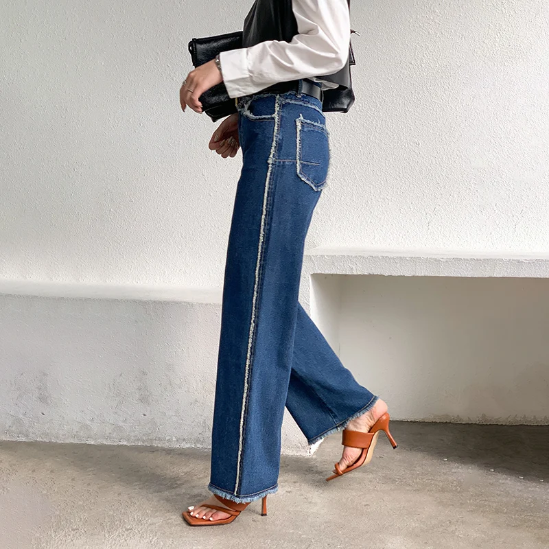 

Casual Long Length Burr Loose Washed New Autumn Tide 2020 Women Fashion Wide Leg Patchwork Jeans Oversized Pants