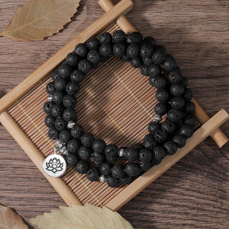 

OAIITE 8 mm Lava Rock Stone Bracelet 108 Mala Beads Buddha Lotus Strand Bracelets or Necklaces Women Men Yoga Energy Jelwelry