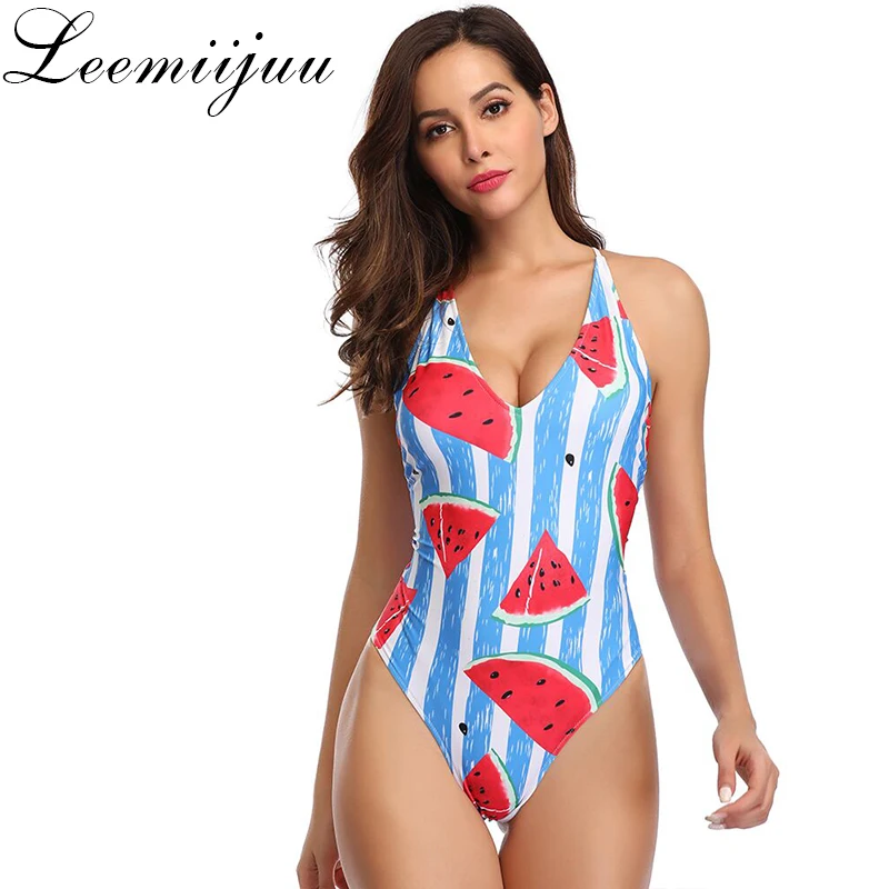 

LEEMIIJUU Bikini 2020 One Piece Swimsuit Fruit Print Halt Backless Swimwear Women Halter Bathing Suit Lady's Big V Neck Biquinis