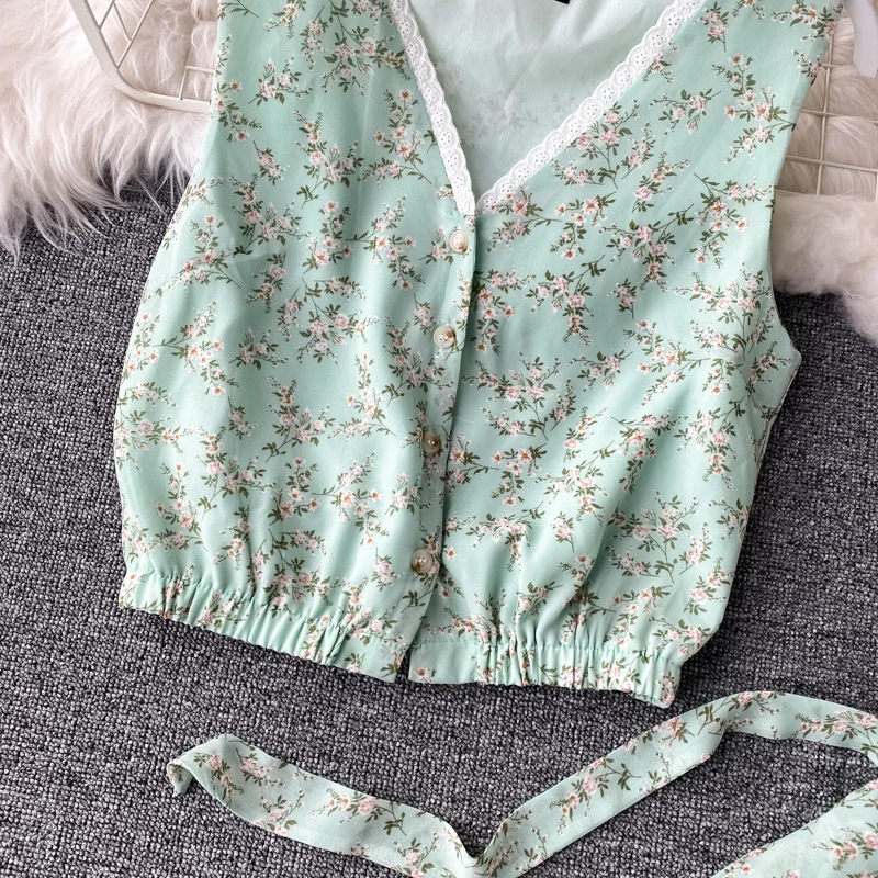 

2021 New Summer Women Sweet Floral Print Two Piece Set Sleeveless V Neck Crop Tops Sashes Tie Up Wide Leg Pants