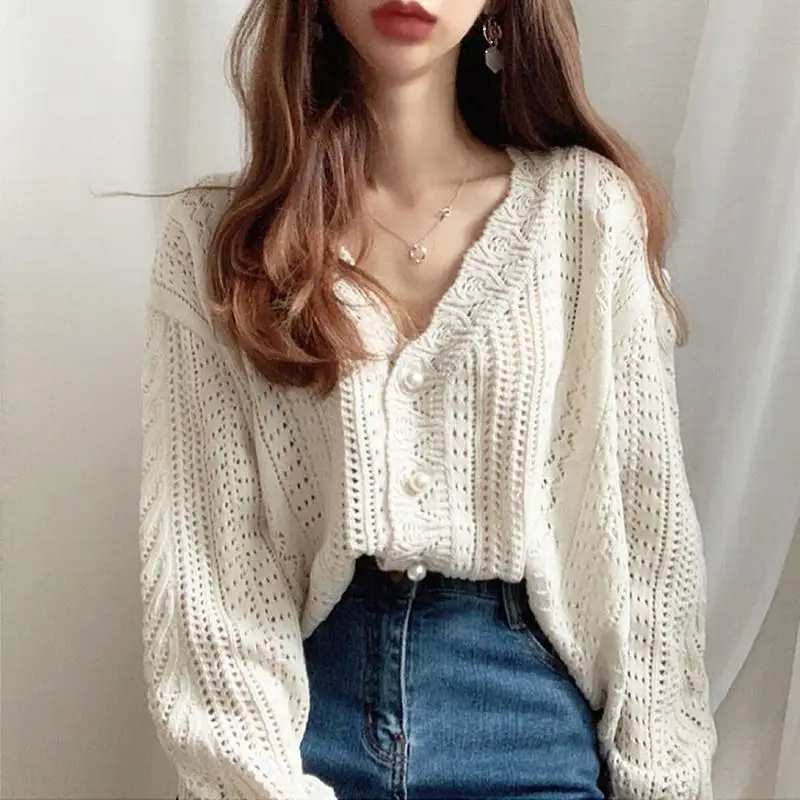 Женский вязаный кардиган с длинным рукавом однотонный винтажный дырками