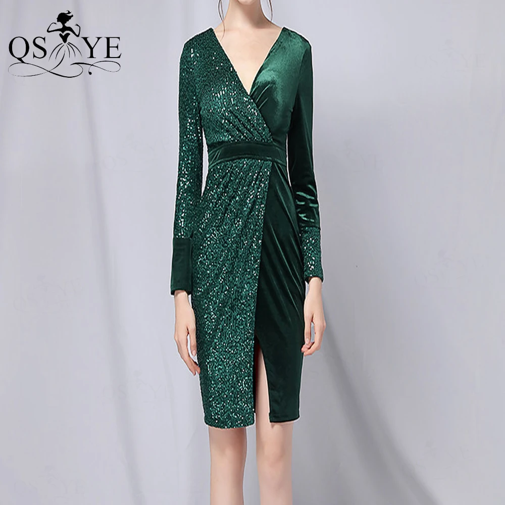 

Green Short Velvet Evening Dress Sheath Long Sleeves V neck Prom Gown Women Party Dress Fit Split Emerald Sequin Formal Gown New