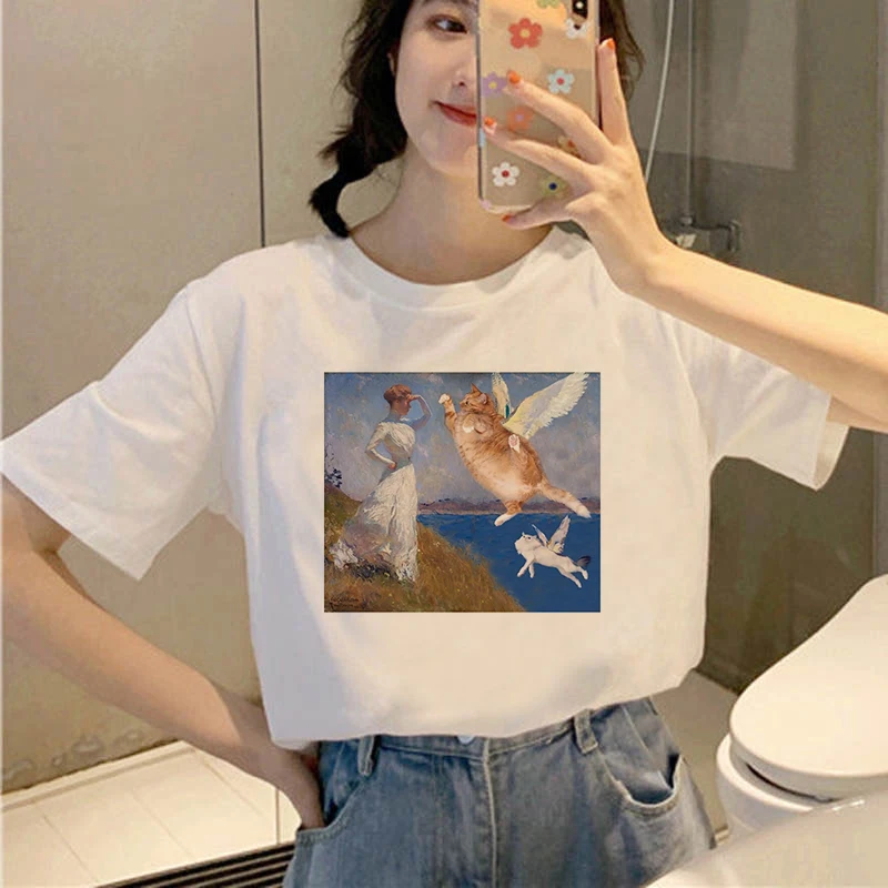 

2021 Oil Painting Cat Graphic T Shirt Women Ullzang Cute Aesthetic T-shirt 90s Funny Cartoon T Shirt Cats Meow Top Tee Female