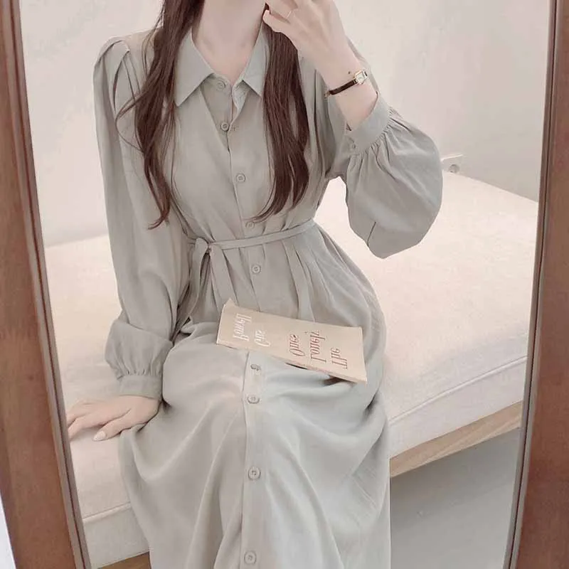 

Casual Women High Waist Long Dress Female Turn Collar Spring Autumn Dress Ladies High Waist Dress for Spring Autumn Vestidos