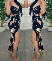 women floral print spaghetti strap sleeveless high slit dress summer 2021 new fashion