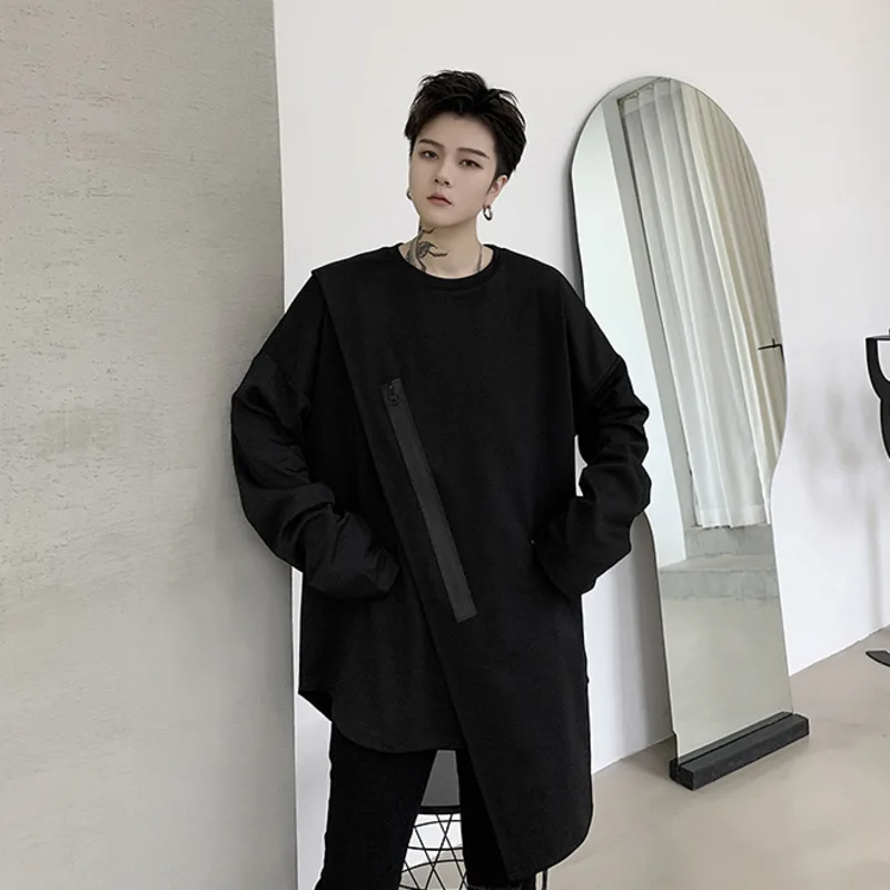 EWQ / men's wear 2020 vintage spring new Double-deck Lining Irregular Niche Long Sleeve T-shirt black round collar tops 9Y1010 | Мужская