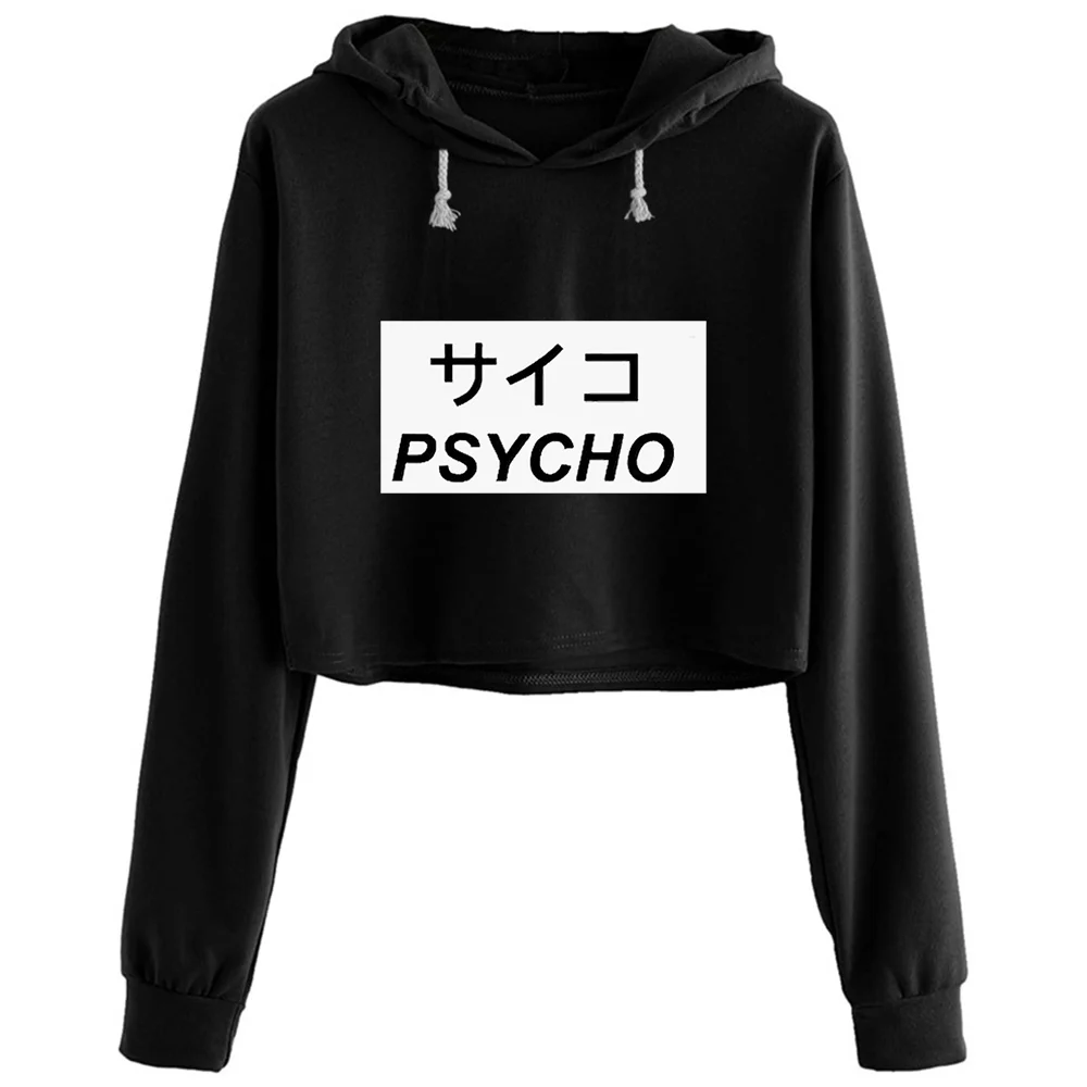 

Aesthetic Japanese Psycho Crop Hoodies Women Kpop Korean Y2k Kawaii Pullover For Girls