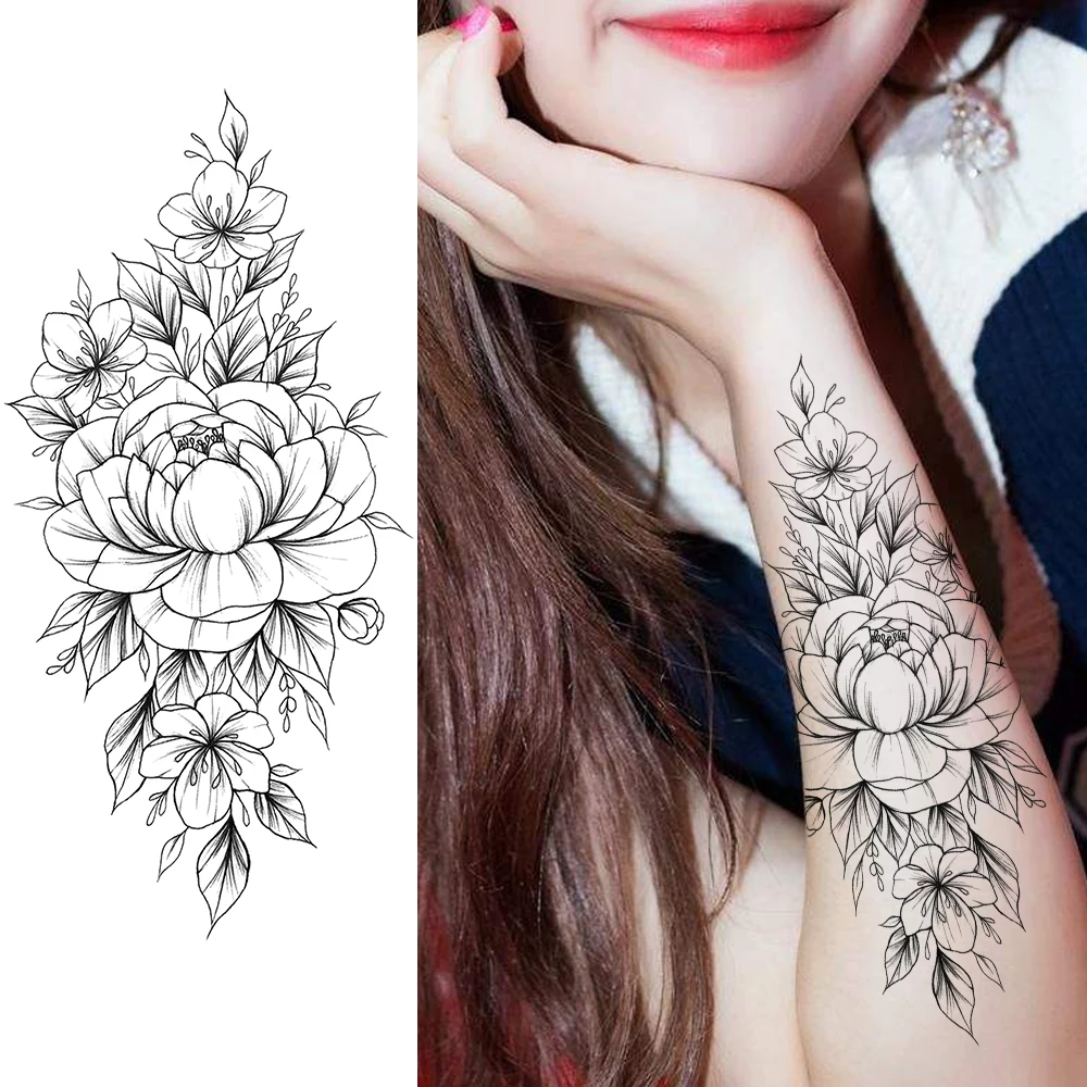 

Black Flower Temporary Tatoo Sticker DIY Fake Waterproof Pencil Sketch Rose Tatoo For Women Body Art Chest Arm Tatoo For Holiday