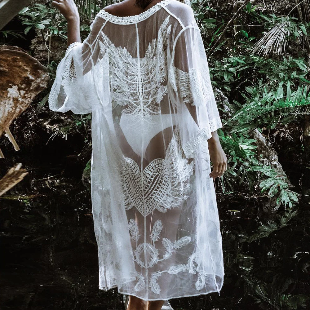 

2021 New Sexy Embroidered Beach Cover Up Women Bikini Cover Up Cardigan Female Swimwear Cover-Ups Ladies Summer Beach Outerwear