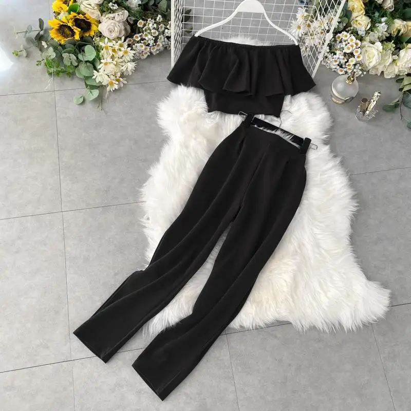 

2021 high quality sexy short flounces a word on the shoulders of women's high waist nine points pants Western-style two suits