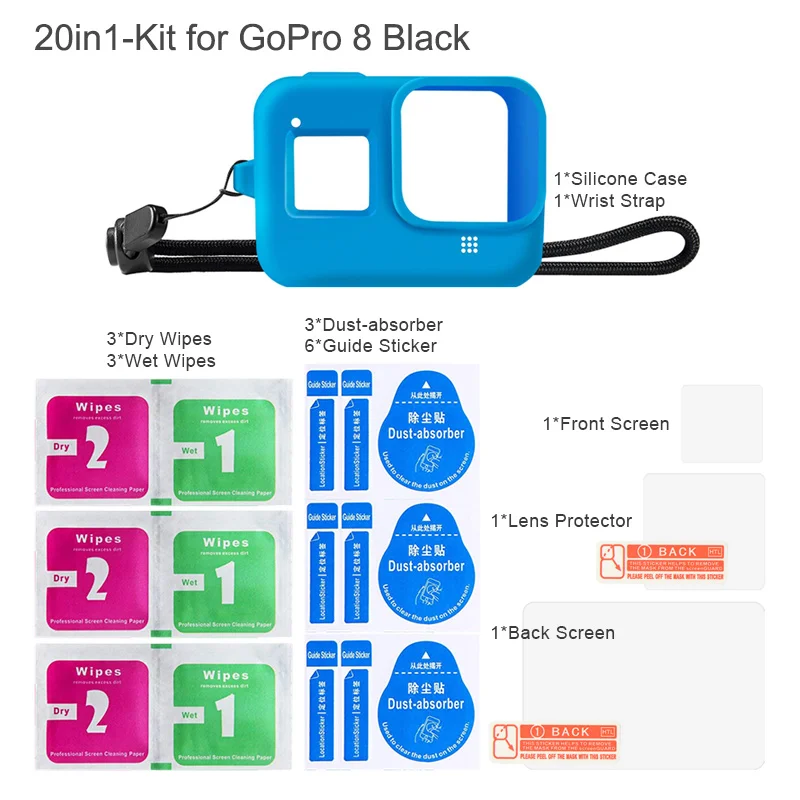 Blue Силиконовый чехол для GoPro Hero 8, черное закаленное стекло, защита экрана, защитная пленка для объектива, чехол для Go Pro 8, аксессуары - Colour: Blue