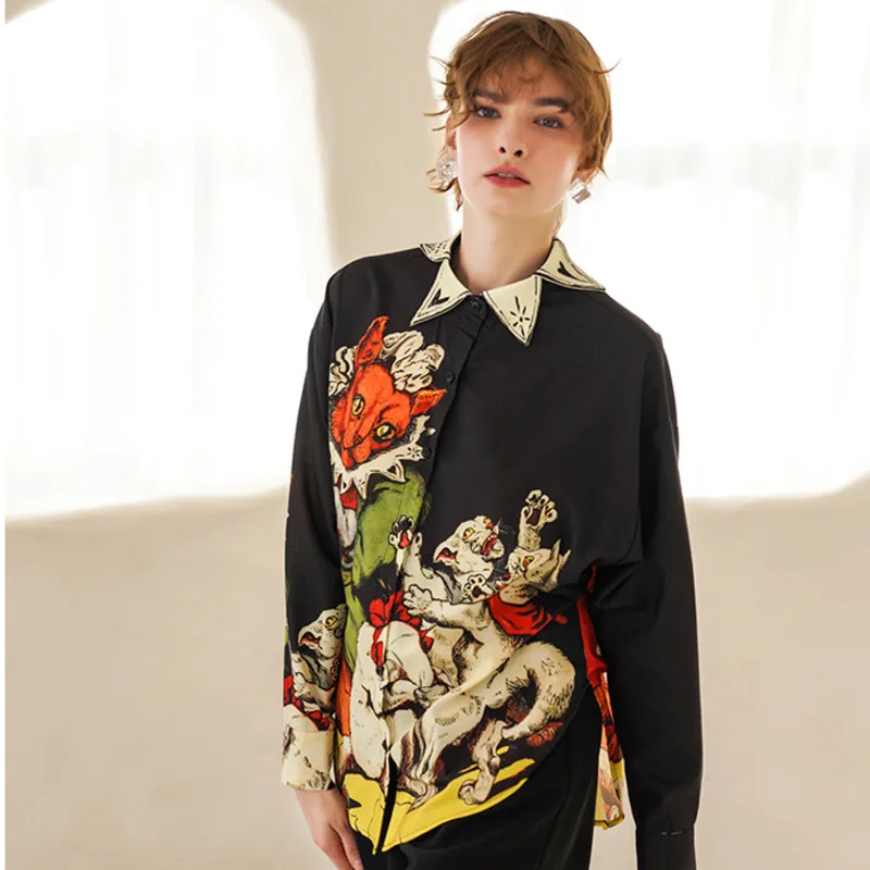 

IEQJ Women Black Temperament Vintage Big Size Printed Blouse New Lapel Long Sleeve Loose Shirt Fashion Tide Autumn 2021 3F1148