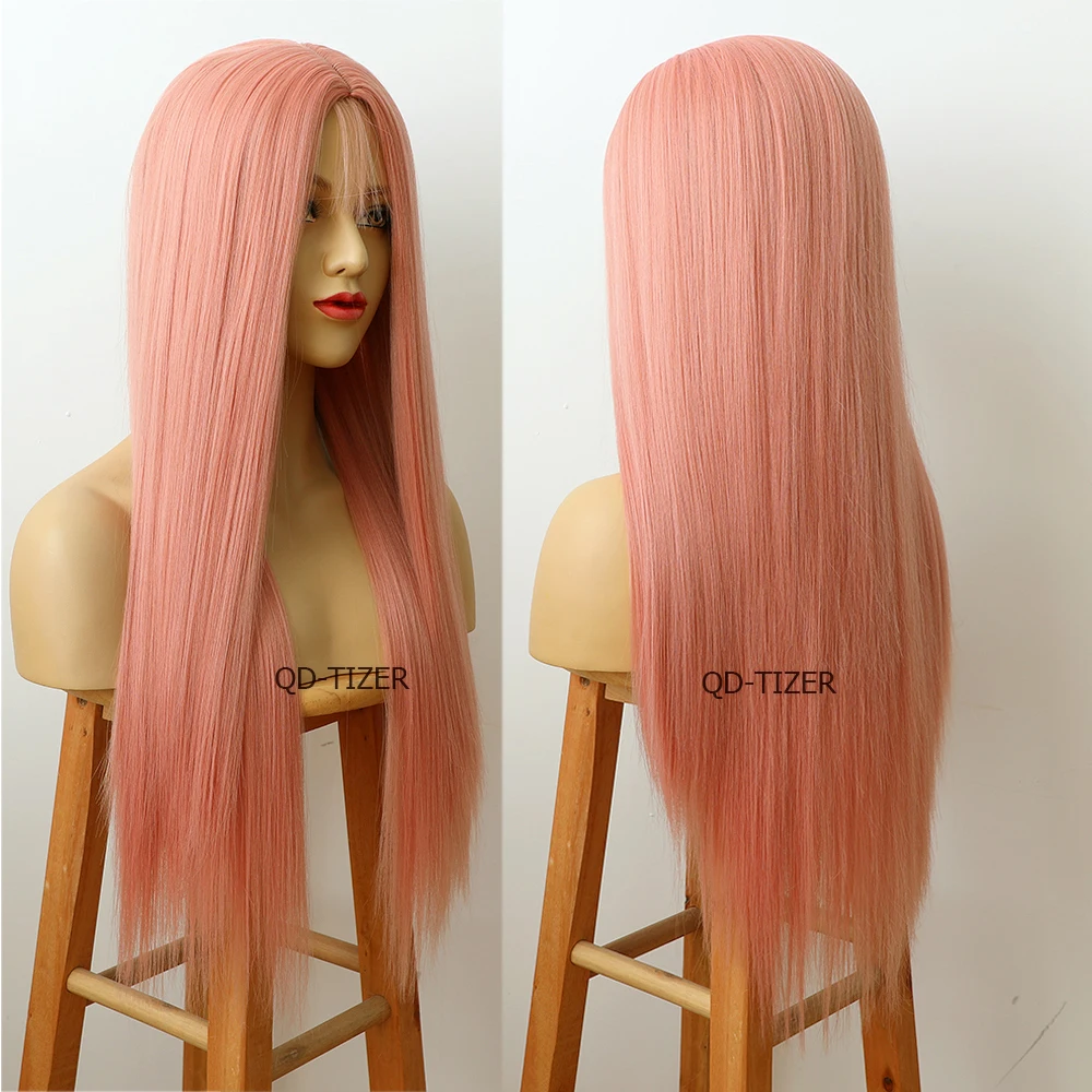QD-Tizer Long Straight Pink /Blonde Hair Synthetic Hair Wigs Heat Resisitant With Natural Looking