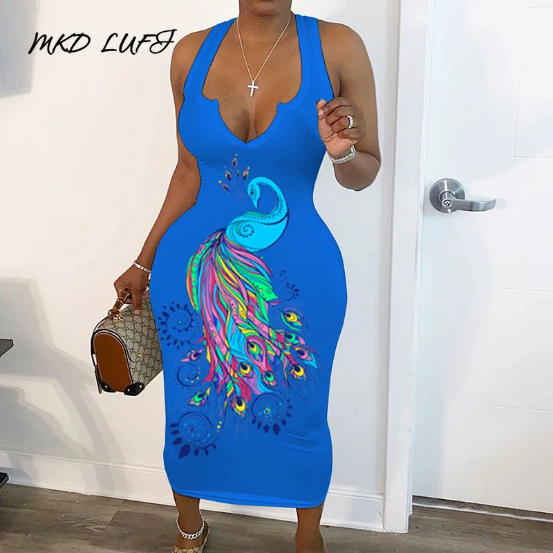 Женские облегающие платья без рукавов с принтом павлина пикантные обтягивающие