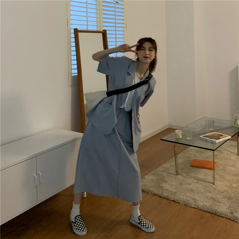 

Korean Style Summer Skirt Suits Loose Two Piece Set Women Short Sleeve Blazer and High Waist Long Skirt Elegant 2 Piece Outfits