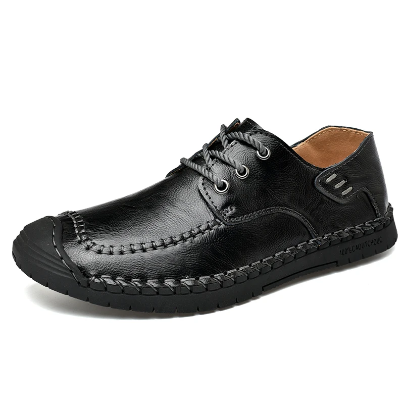 Hot Sale Leather Men Flats Shoes Hand Sewing Men Oxfords Zapatos Hombres Trendy Men Leather Lace Up Shoes High Quality Moccasins - Цвет: Черный