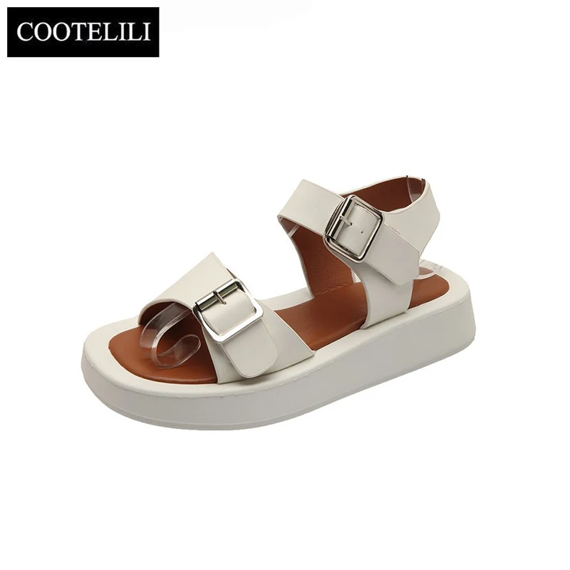 

I Woman Sandals Flat Shoes 2021 New Fashion Sandals Summer Round Toe Mid Heel Black White Buckle Basic Size 35-40