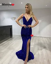 Robe de soirée sirène Sexy, dos nu, fente haute, bleu Royal, bretelles Spaghetti, paillettes, velours, longue, extensible, robe de soirée  (2)
